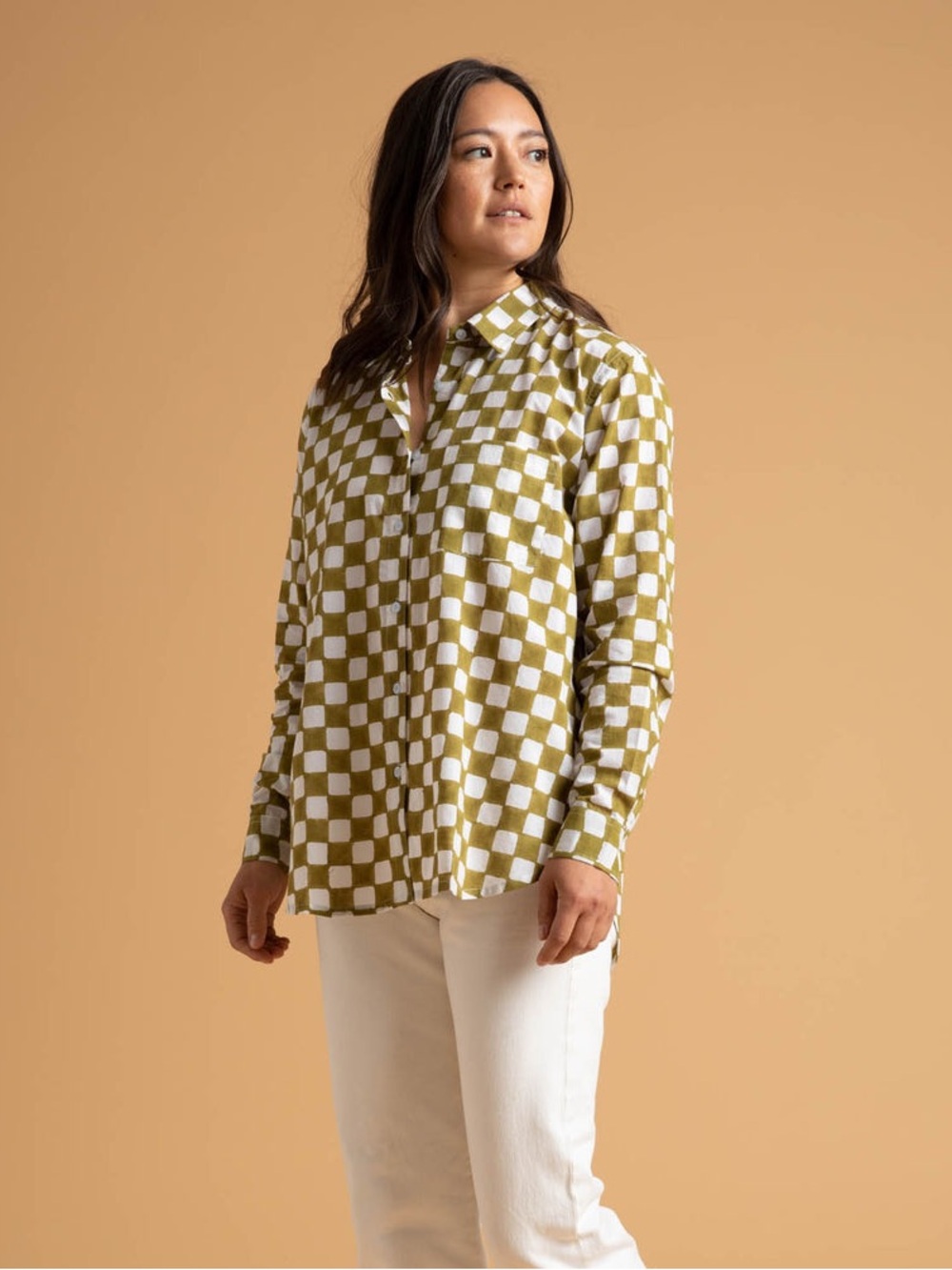 And For Good Good Boyfriend Shirt Checkerboard Olive Oil size S/M